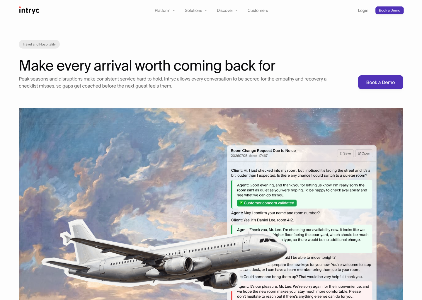 The Travel and Hospitality solution page, headline reading Make every arrival worth coming back for. Below it, an oil-painted sky with a collaged passenger aircraft and a real Intryc conversation panel layered over it, showing a scored guest exchange about a room change flagged customer concern validated.