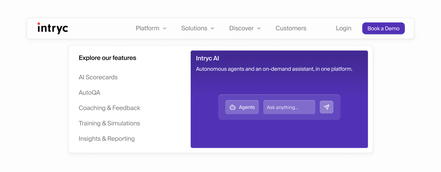 The Intryc navigation bar with the Platform menu open, listing AI Scorecards, AutoQA, Coaching and Feedback, Training and Simulations, and Insights and Reporting, beside a purple Intryc AI panel reading Autonomous agents and an on-demand assistant, in one platform, with an ask-anything field below it.