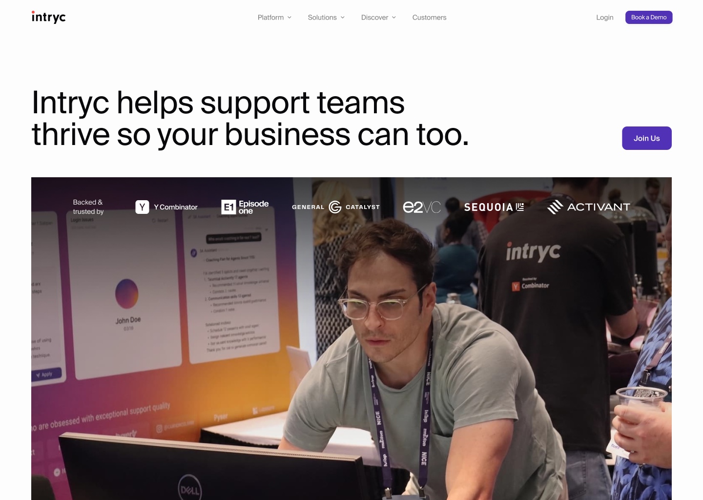The new Intryc about page: the headline Intryc helps support teams thrive so your business can too, a Join Us button, and a photograph of the team at a conference stand with investor logos including Y Combinator, Episode One, General Catalyst, e2vc, Sequoia and Activant laid over it.
