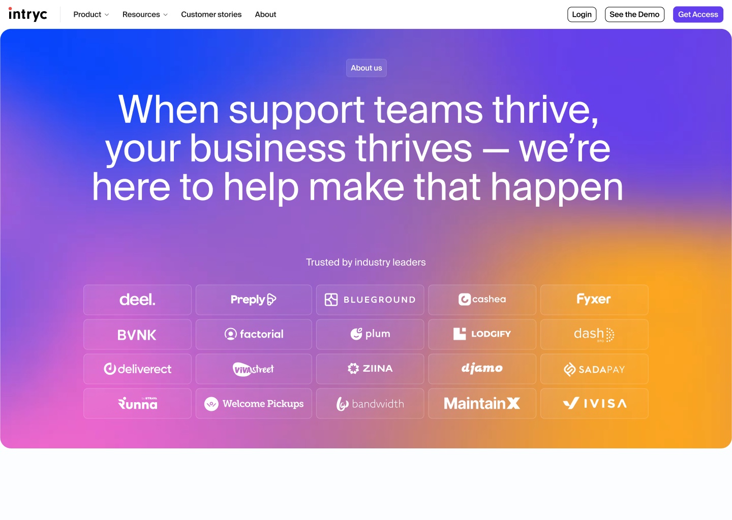 The old Intryc about page: a gradient field filling the viewport, carrying a three-line headline and a second twenty-logo customer grid.