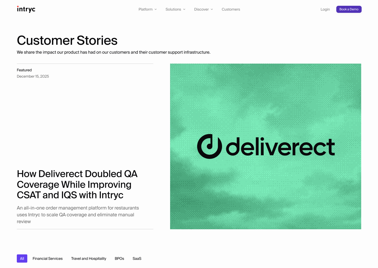 The new Intryc customer stories page: one featured story dated December 2025, headlined How Deliverect Doubled QA Coverage While Improving CSAT and IQS with Intryc, beside a green halftone Deliverect image, with vertical filters below.