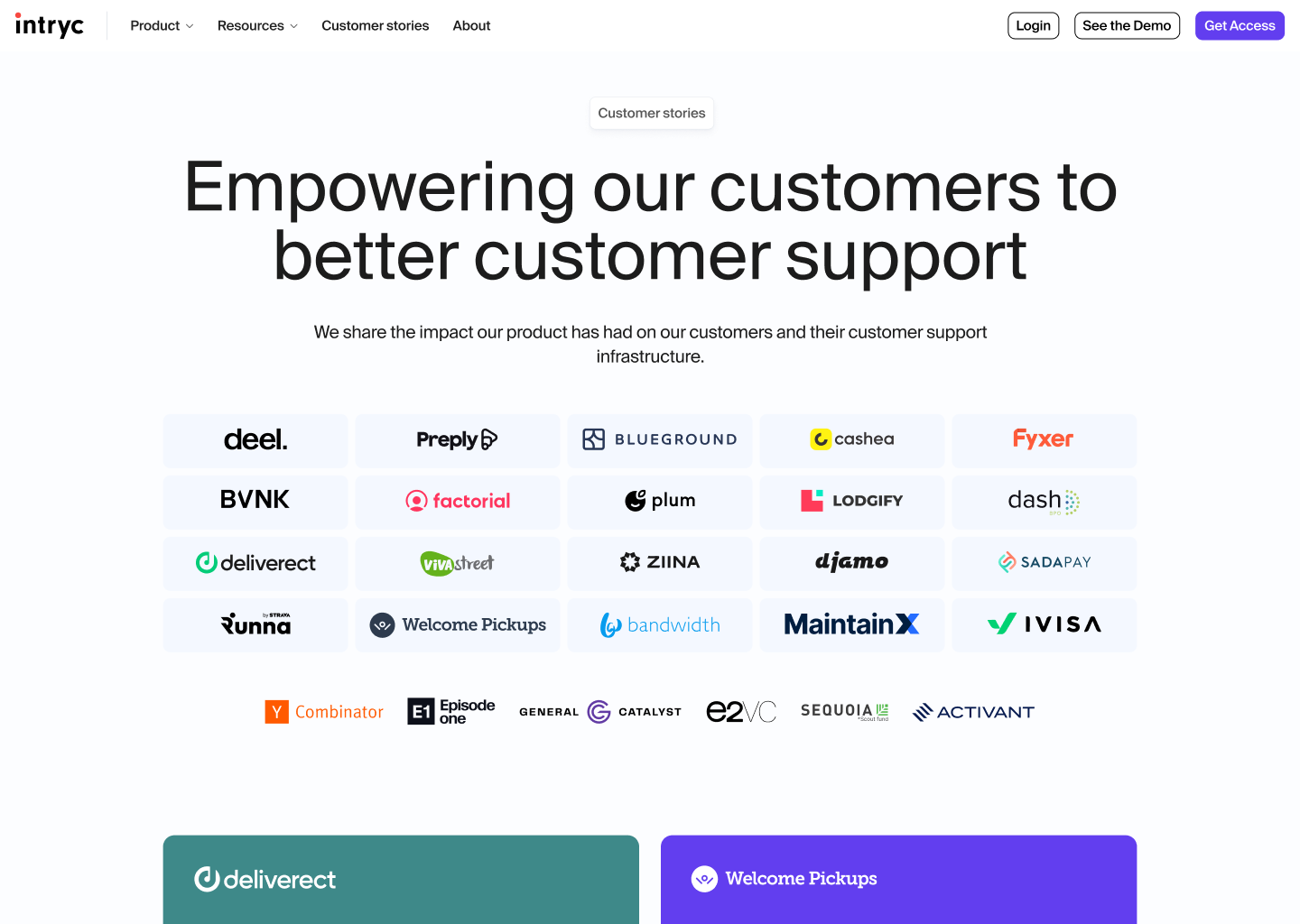 The old Intryc customer stories page: a large centred headline above a twenty-logo grid and a row of investor logos, with the first two story cards only just appearing at the bottom edge.