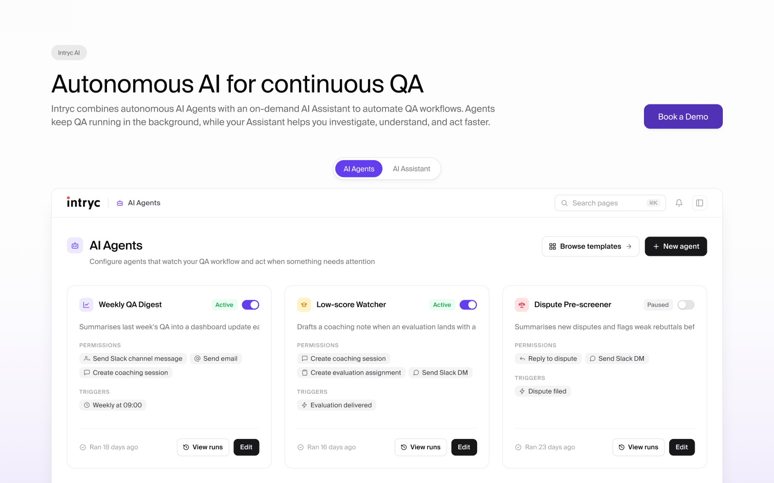 The Intryc AI page. Headline reading Autonomous AI for continuous QA, a toggle between AI Agents and AI Assistant, and three agent cards below showing a Weekly QA Digest, a Low-score Watcher and a Dispute Pre-screener, each with its permissions and triggers listed.