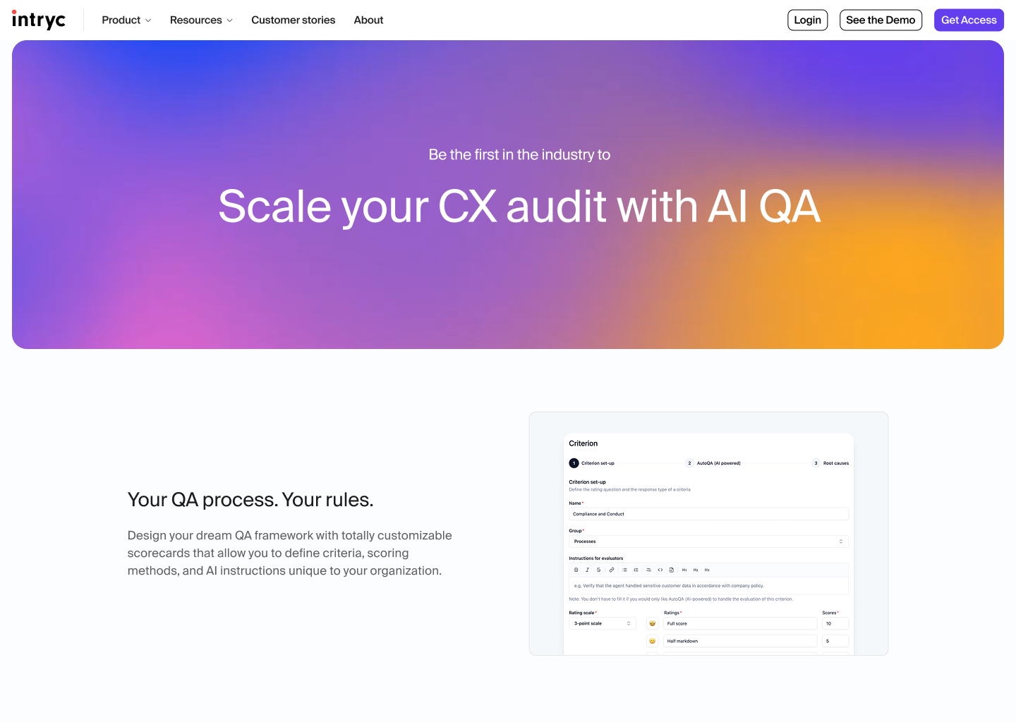 The old Intryc platform page: a full-width purple to pink to orange gradient banner with the headline Scale your CX audit with AI QA, and below it a small screenshot of a scorecard criterion form.